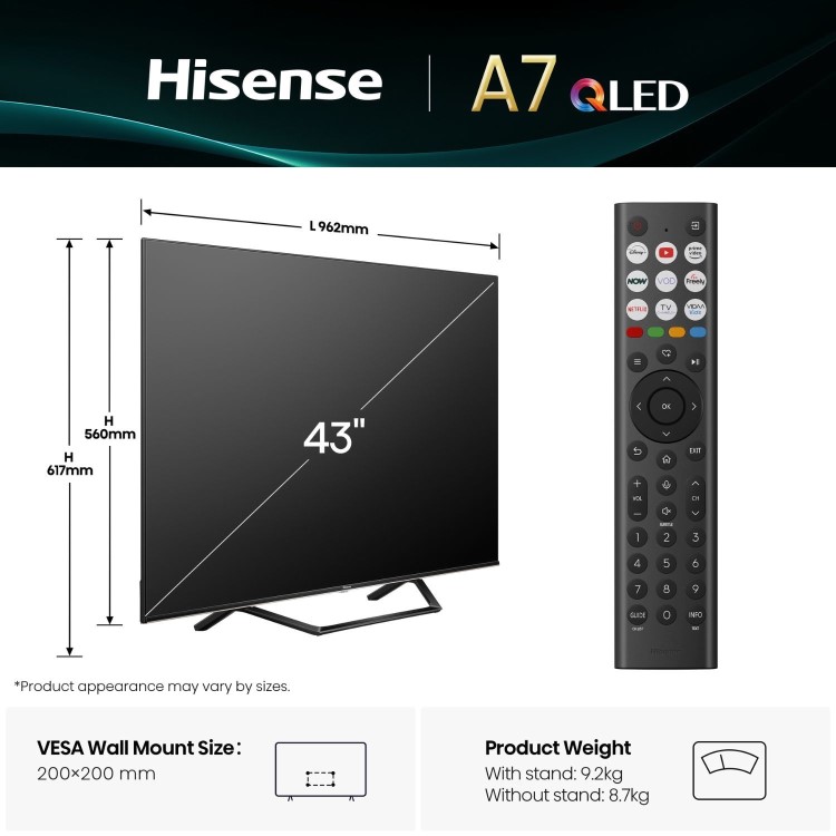Hisense A7QTUK 43 inch Smart 4K Ultra HD QLED TV