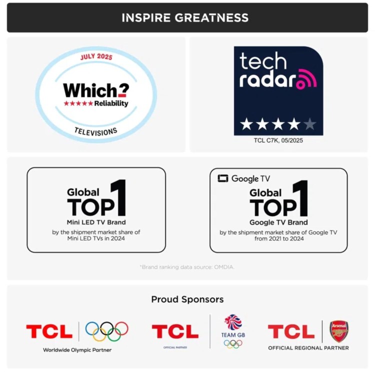 TCL 50C7K-UK 50 Inch QD-Mini LED 4K Google TV – 144Hz Gaming Dolby Vision & Dolby Atmos