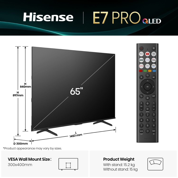 Hisense E78QTUK PRO 65 inch Smart 4K Ultra HD QLED TV