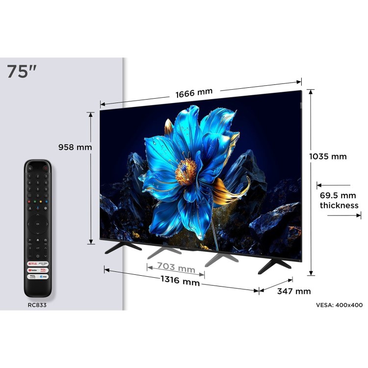 TCL 75P7K-UK 75-Inch QLED 4K HDR Smart TV  Dolby Vision HDR10+ Google TV & AiPQ Processor
