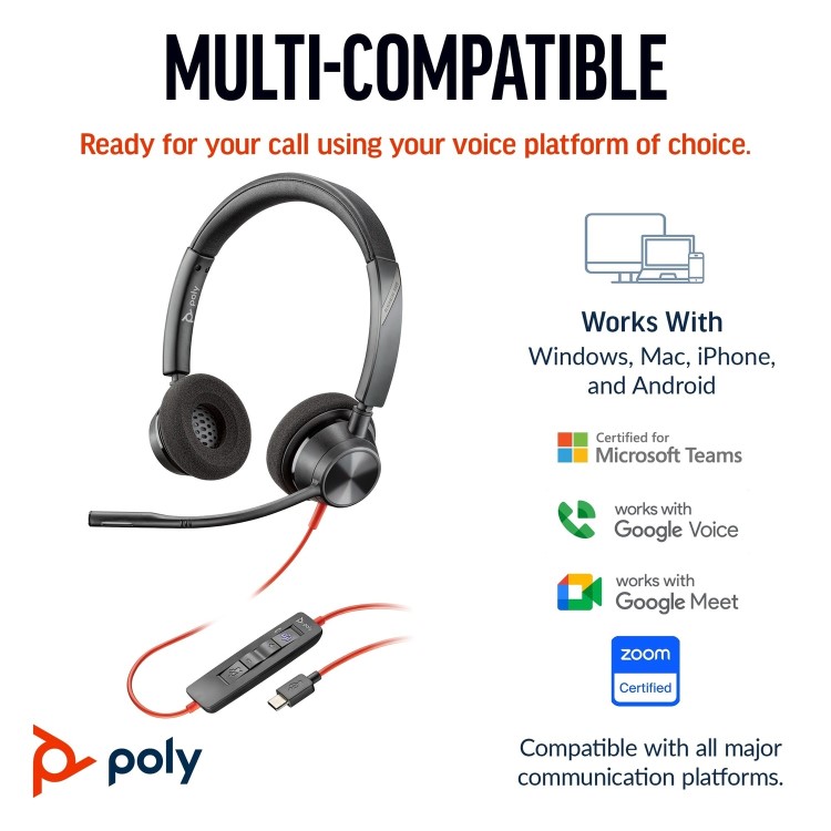 HP Poly Blackwire 3320 Stereo Microsoft Teams Certified USB-C Headset +USB-C/A Adapter