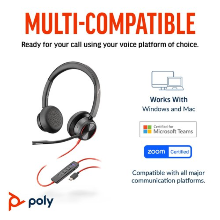 HP Poly Blackwire 8225 Stereo USB-C Headset +USB-C/A Adapter