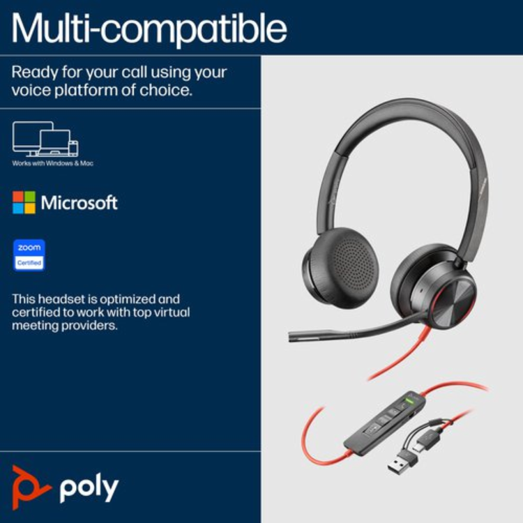 HP Poly Blackwire 8225 Stereo USB-C Headset +USB-C/A Adapter