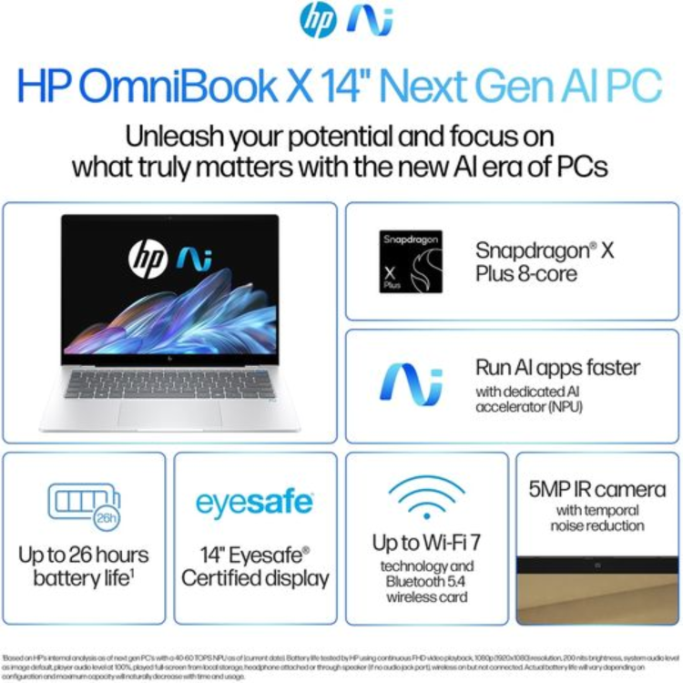 Refurbished HP OmniBook X 14 Copilot+ PC Snapdragon X Plus 16GB RAM 512GB SSD 14 Inch Windows 11 Laptop - Silver