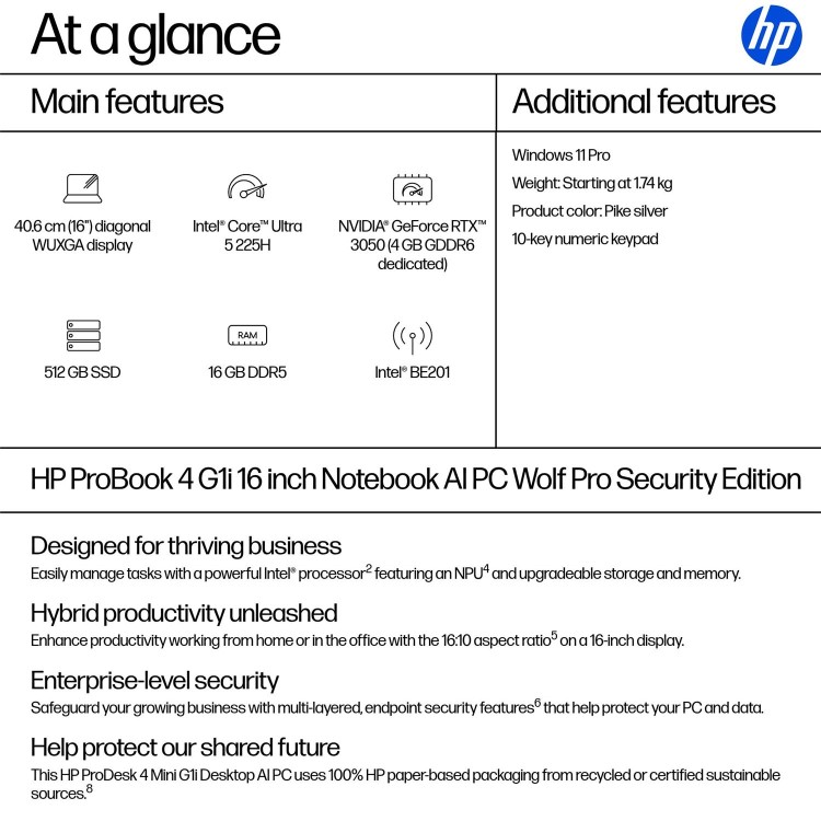 HP ProBook 4 G1i AI PC Intel Core Ultra 5 16GB RAM 512GB SSD 16 Inch Windows 11 Pro Laptop