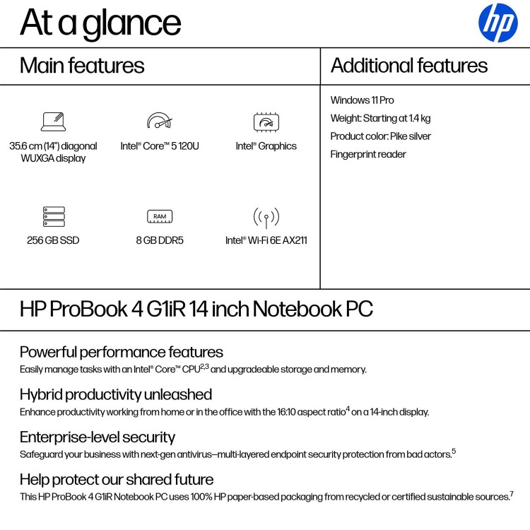 HP ProBook 4 Intel Core 5 8GB RAM 256GB SSD 14 Inch Windows 11 Pro Laptop