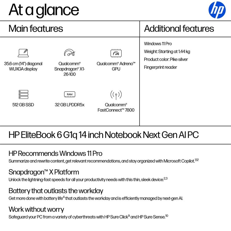 HP EliteBook 6 G1q Next Gen AI Qualcomm Snapdragon X 32GB RAM 512GB SSD 14 Inch Windows 11 Pro Laptop
