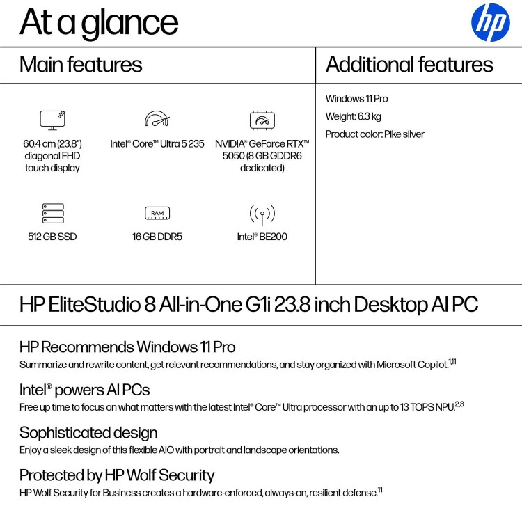 HP EliteStudio 8 Intel Core Ultra 5 235 16GB RAM 512GB SSD 23.8 Inch Windows 11 Pro Touchscreen All-in-One PC