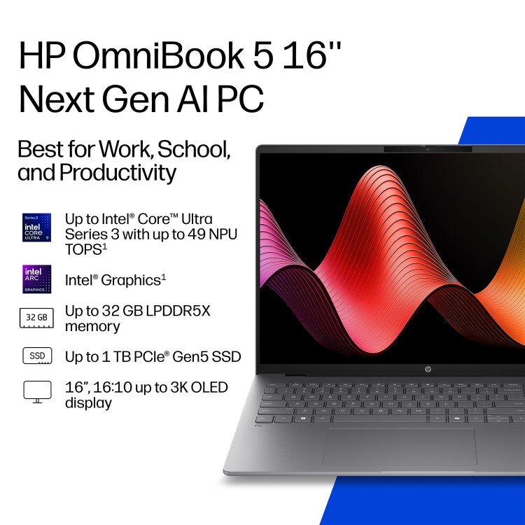 HP OmniBook 5 Intel Core Ultra 7 16GB RAM 512GB SSD 16 Inch Windows 11 Home Laptop