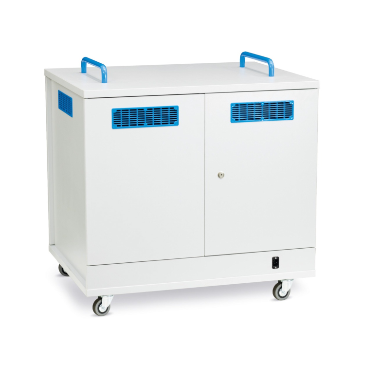 LapCabby Lyte Double Door 32 Chromebooks and Tablets up to 14? Metal Shelf Mobile Power 7 Charging Trolley