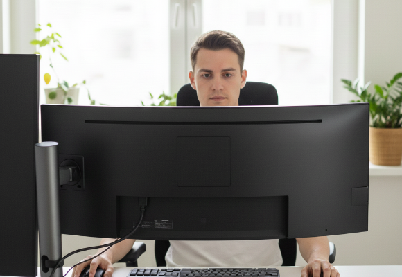 Person looking at a computer monitor checking ergonomics